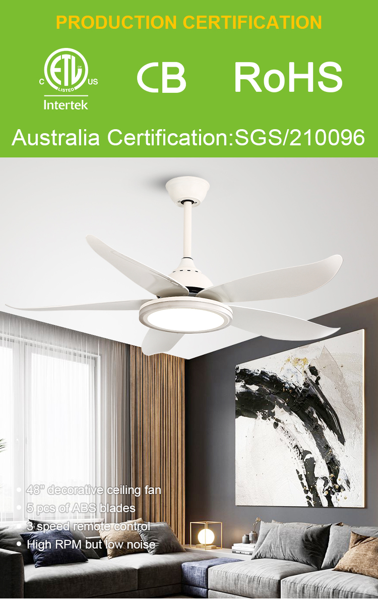 Breeze.Lux Model good quality traditional series 48 inch 5 blade ABS material White 5 blades AC motor ceilling fan light