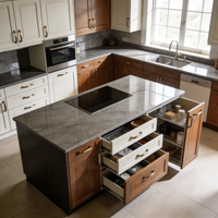 Meubles de cuisine modernes en bois naturel avec armoires supérieures en verre rétroéclairé, îlot en marbre et tiroirs à fermeture douce