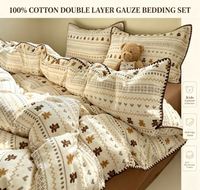 Parure de lit 4 pièces pour enfants en coton double gaze 100% très épais, imprimé dessin animé motif coquille, tissé, doux pour la peau, lavé à l'oxygène