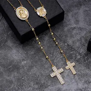 宗教长念珠925纯银镀金圣母玛利亚吊坠十字架天主教念珠项链