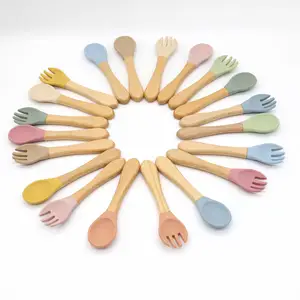 Ensemble de cuillères et de fourchette à manche en bois en Silicone, pièces écologiques, sans Bpa, Logo personnalisé, pour bébés, alimentation, alimentation