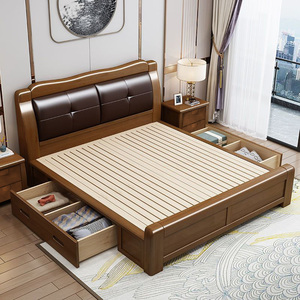 Letto matrimoniale king size <span class=keywords><strong>in</strong></span> <span class=keywords><strong>legno</strong></span> massello di noce, stile europeo americano, imbottito, di fascia alta, dal design retrò. - Product Image 4