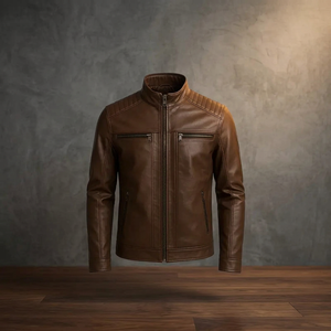 Veste en cuir pour homme Rays Creation, matelassée, couleur café, respirante, col montant, logo sur le devant, style motard - Product Image 3