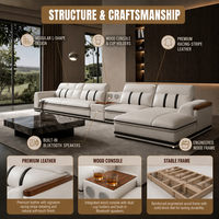 Canapé d'angle électrique moderne en cuir véritable beige avec appui-tête réglable, console et rangement, écologique, trois places