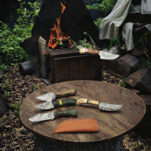 Cuchillo de Hoja Fija de Acero de Damasco con Mango de Madera, Hoja Recta o con Punta Caída, para Camping, Caza y Uso Táctico - Product Image 3