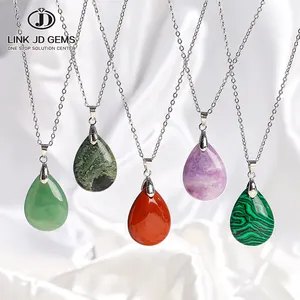 JD Natural Stone Aventurine Jasper Turquoises Quartz Crystal Sliver Plated Drop Shape Charms Necklace for Women Fashion Jewelry