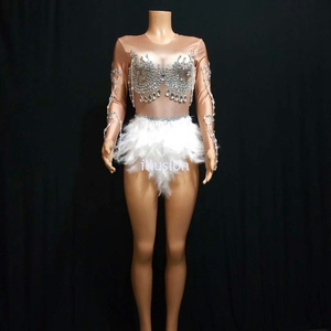 Tuta con Cristalli Scintillanti, Abito da Festa per Nightclub, Body Sexy Color Carne, Abito Bianco con Piume e Strass, <span class=keywords><strong>Costume</strong></span> da Ballo - Product Image 3