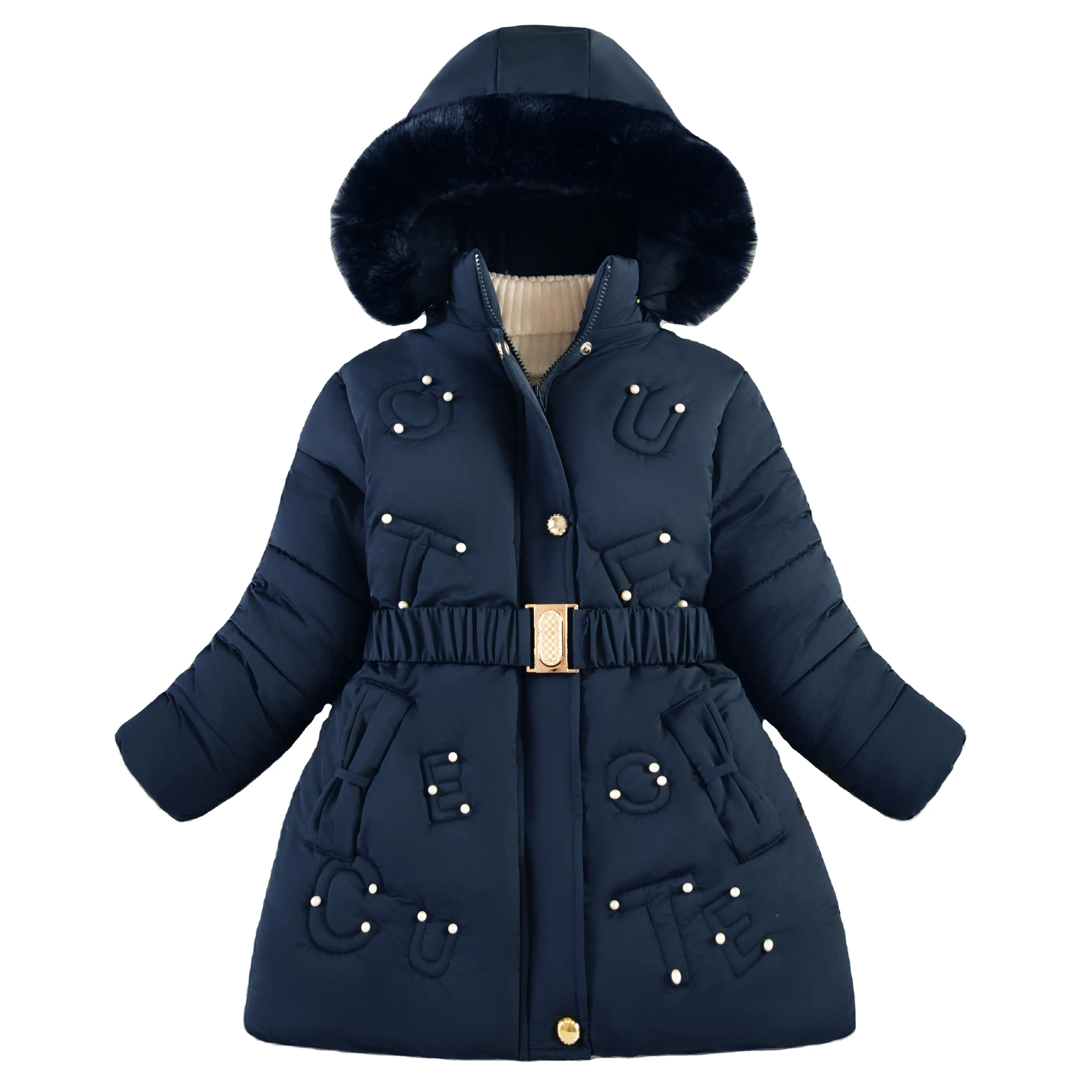 Jaket empuk kustom untuk bayi perempuan, mantel panjang berkerudung ritsleting bawah musim dingin untuk anak perempuan