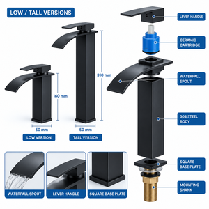 Rubinetto a Cascata Nero Opaco in Acciaio Inossidabile per Lavabo, Monocomando con Collo Alto, Rivestimento in Ceramica PVD per Bagno Moderno - Product Image 3