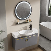 Ensemble de meubles de salle de bain pour hôtel, mural, en aluminium gris foncé, avec lavabo semi-encastré en céramique, miroir LED, personnalisable OEM ODM pour projets en gros