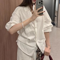 Blus Poliester Serbaguna Chic Bergaya Preppy Putih untuk Wanita Musim Semi/Gugur 2026, Atasan Longgar Santai Efek 3D