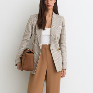 Blazer a Cuadros Cruzado para Mujer, Estilo Vintage Casual, de Algodón y Lino en Tonos Neutros - Product Image 2