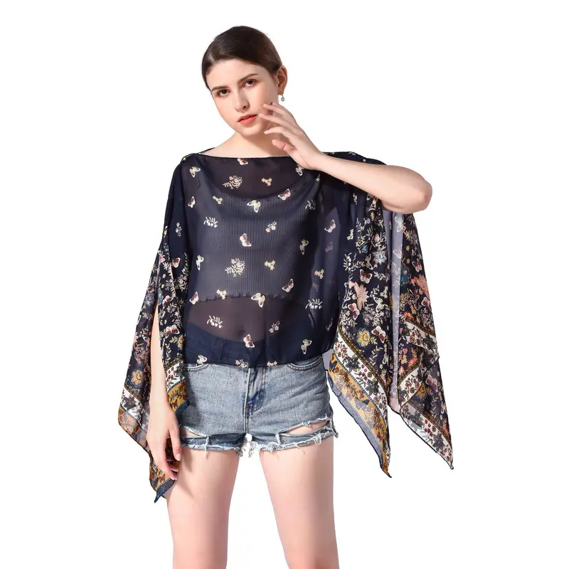 summer butterfly black or dark color print chiffon cape and shawls wholesale women ponchos