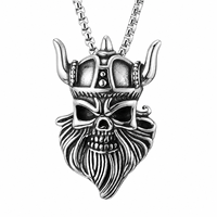 Collier en acier inoxydable en gros pour hommes, pendentif crâne viking et casque cornu de guerrier nordique, chaîne maille forçat 3mm, bijoux punk gothique