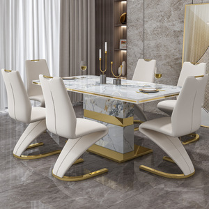 Juego de Mesa <span class=keywords><strong>y</strong></span> Sillas de Comedor de Lujo Moderno con Cubierta de Mármol, Estructura de Acero Inoxidable, Impermeable, Diseño Rectangular para 6 Personas - Product Image 6