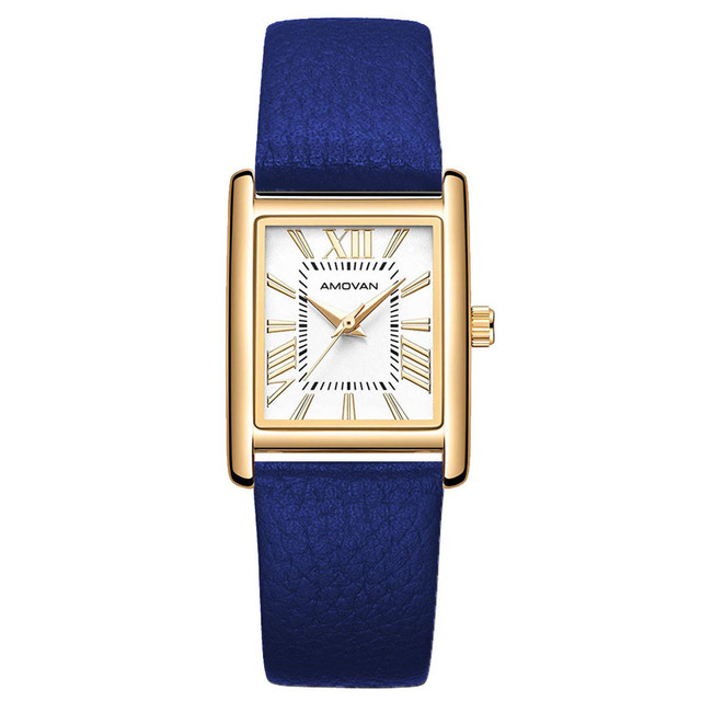 2022 Roman Classic Design Luxury Klein Blue Genuine Leather square Fashion Waterproof Quartz Watches Women