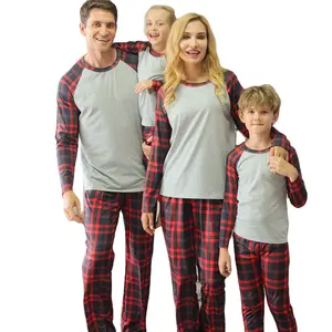 Navidad Pastel familia pijamas de Buffalo Plaid de manga larga de Color sólido camisetas al cuerpo pantalones 2 uds conjuntos de ropa de casa para sublimación