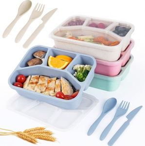 Eco-Friendly BPA-Free Food Containers 4-<b>Compartment</b> Wheat Straw <b>Lunch</b> <b>Box</b> with Cutlery Set - Product Image 4
