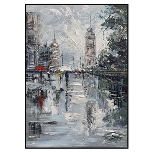 Peinture à l'huile peinte à la main, rue parisienne sous la pluie, cadre noir rectangulaire, art impressionniste abstrait, toile décorative pour entrée - Product Image 5