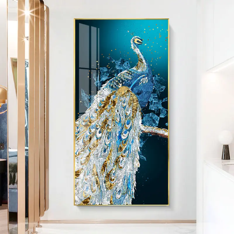 Wohnkultur Cuadros Blue Peacock Flower Feather Vogel Wand kunst Drucke Bild Glas Pfau Kristall Porzellan Leinwand Malerei