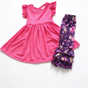 OEM ODM Milk Silk Print <b>Girls</b> Outfit Set Ruffle <b>Dress</b> Top Shorts Pants Toddler 2 Piece Kids Clothing Set - Product Image 1