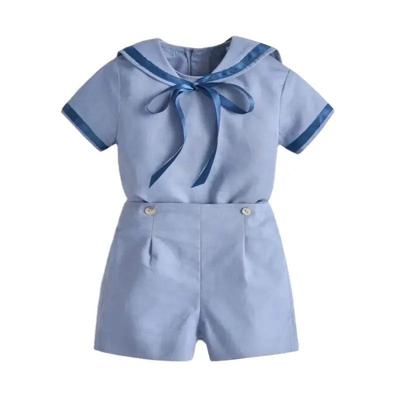 Conjunto de ropa española para niños, traje de marinero de España para bebés, camisa de estilo azul marino + Pantalones cortos, conjuntos de ropa de Boutique para niños pequeños