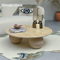 Table basse moderne en travertin naturel Wabi Sabi, disponible en OEM, table à thé ronde en pierre, trois pieds sphériques, mobilier de luxe pour la maison