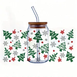 3d Uv Dtf Transfers Stickers Mooie Kerstboom Thema Bedrukt Diy Cup Wraps Voor Glazen Keramische Metalen Lederen Flessenhoezen