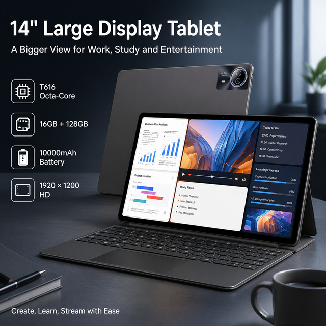 14 Inch Android Tablet with SIM Card T616 Octa Core 16+128GB 1920*1200 HD Screen 10000mAh Long Battery 4G LTE Calling Tablet PC