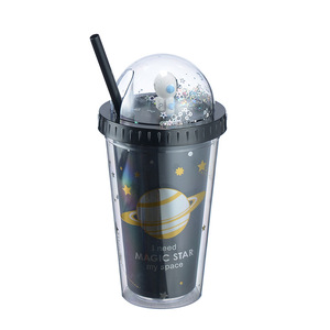 Double Walled Plastic Straw Cup With Planet Pattern Push Top Lid Student Water Bottle Two Piece Set Black And White - Product Image 5