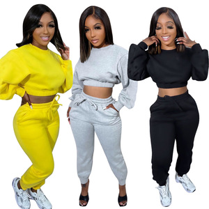 Ensemble sportif pour femmes, col rond, manches bouffantes, pull uni, automne et hiver - Product Image 1