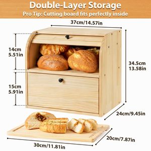 Wooden Bread Storage Box <b>Double</b> Layer Sliding Cover Kitchen Countertop Bread <b>Bin</b> With Ventilation Holes And Anti Slip Pads - Product Image 4
