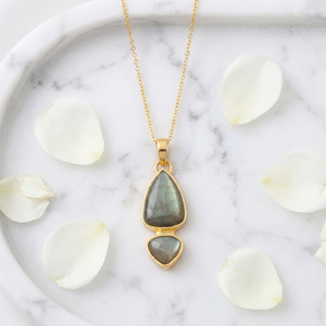 Hip Hop Jewelry Natural Labradorite Pendant Necklace 18k Gold Plated Double Cabochon Gemstone Fashion Chain Necklace For Women - Product Image 3