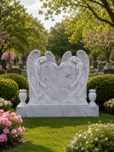 Bianco Carrara white Marble Angel Design Hand Carved Headstone Polished Surface Traditional Style Outdoor Use - Product Image 2