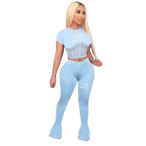 Costumes tendance pour femmes, style mode, pantalon évasé avec empiècements en maille, costumes de sport, broderie de logo personnalisée, personnalisez votre propre marque - Product Image 2