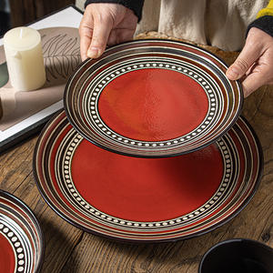 Juego de vajilla de cerámica duradera roja para el hogar, <span class=keywords><strong>Hotel</strong></span>, restaurante, boda o fiesta, lavavajillas, juego de platos seguro y elegante - Product Image 1