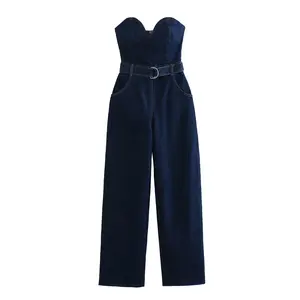Denim blue color sashes strapless full length casual elegant women one piece jumpsuit