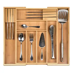 Customizable Kitchen Drawer Organizer Trays Bamboo Rectangle Cutlery Storage Box with Wood Divider Direct from Factory