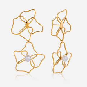 Flower Pearl Drop Earrings 18K Stainless Steel Claw Setting Everyday Wear - Product Image 1