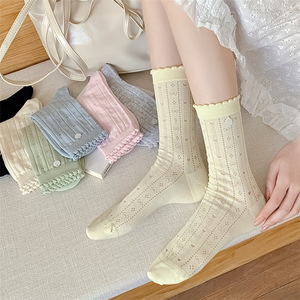 Women's Mid Calf Socks Thin Hollow Mesh Slouch Socks With Shell Decoration Milk White Japanese Style Breathable Casual Socks - Product Image 1