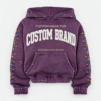Sweat à capuche court 450 GSM délavé à l'acide avec imprimé graphique en strass, effet usé, découpes et poche kangourou, vente en gros usine