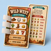 Tarjetas de juego Wild West Pull Tab con cinco ventanas abatibles, boletos de premio instantáneo personalizados para fiestas de vaqueros, eventos y recaudaciones de fondos