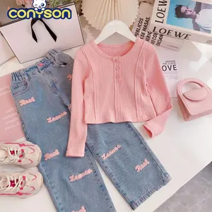 Conyson Girls 'Set Herbst New Girls 'Gestrickte Sweet Top Letter Decal Jeans Zweiteiliges Set Nettes kleines Mädchen Kids Fashion Set