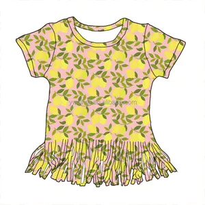 热销女孩夏季上衣带流苏时尚短袖儿童上衣可爱柠檬印花女童t恤