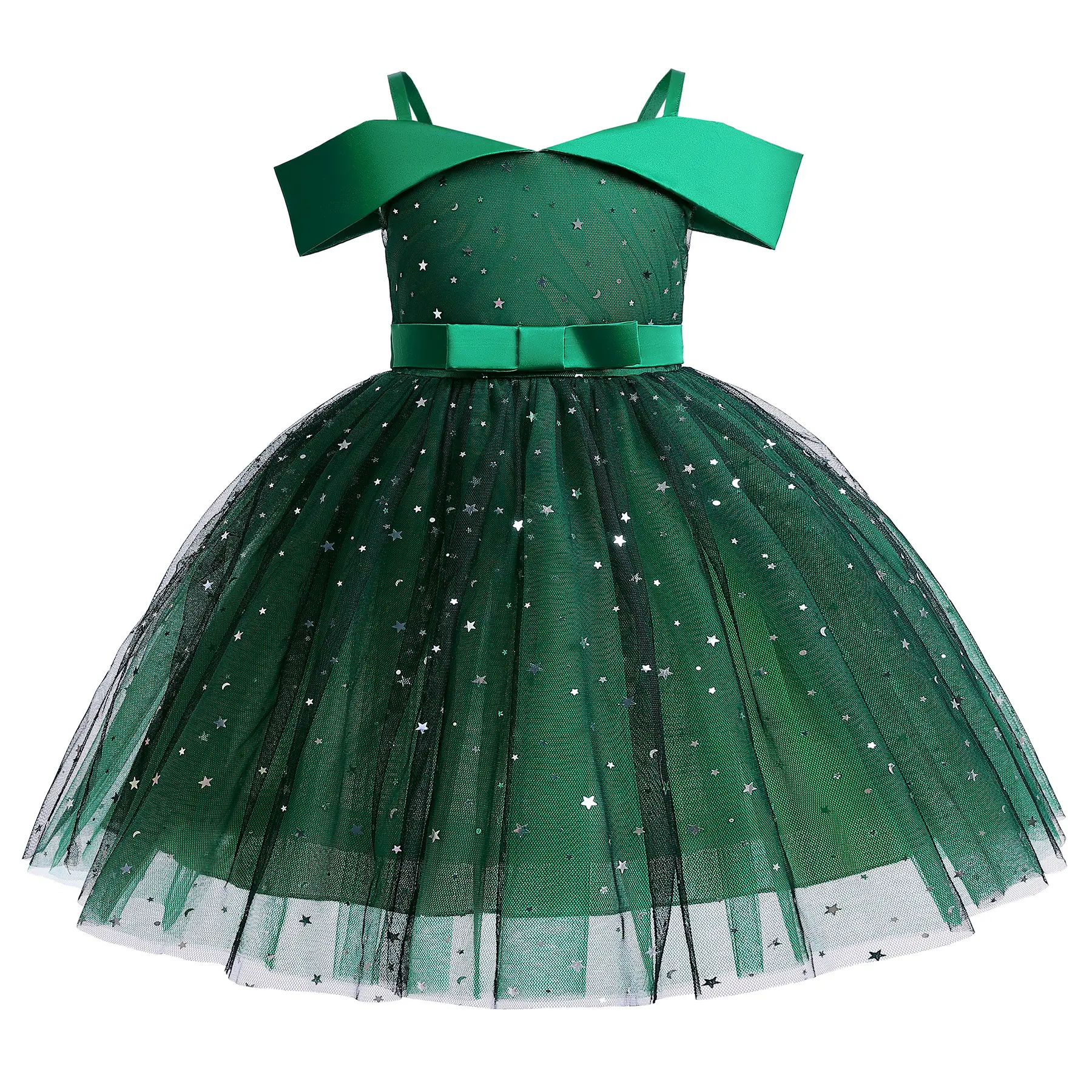 Meisjes Jurken Kinderen Zomer Off-Schouder Prinses Jurk Kinderen Star Sequin Pluizige Avond Kleding 8029