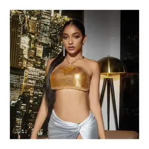 Fashion Gold Ladies Crop Top Sexy Backless Hollow Out Halter Metal Mesh Metallic Halter Top