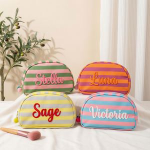 Personalized Polyester Casual <b>Makeup</b> Bag Girls <b>Teens</b> Custom Name Embroidered Striped Cosmetic Organizer Pastel Travel Pouch - Product Image 4