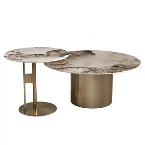 Moderne Luxe Ronde Gesinterde Steen Travertijn Keramische Marmer Goud Metalen Stalen Salontafel Set Cocktail End Side Kruk Tafel