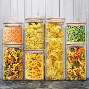 Barattoli Impilabili in Vetro Borosilicato Trasparente con Coperchi in Bambù Naturale - Set Ecologico per <span class=keywords><strong>Pasta</strong></span>, Cereali, Lenticchie - Product Image 1
