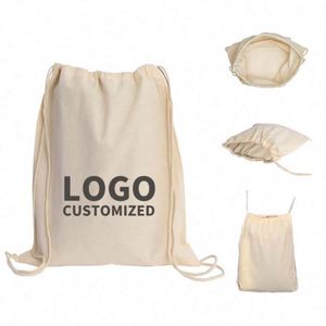 Sac de voyage en toile de coton durable avec cordon de serrage, sac à dos en toile vierge avec logo personnalisé - Product Image 1